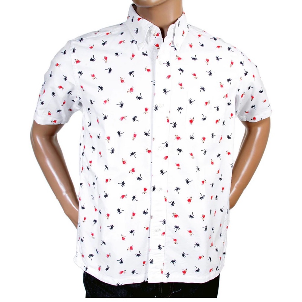 NWT Men's cotton Oxford Hawaiian off White Short Sleeve button down Shirt L hula